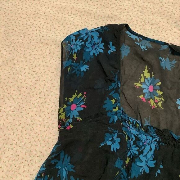 Express Vintage Silk Whimsigoth Black Floral Sheer Fairy Milkmaid Blouse 13/14 - Picture 3 of 13